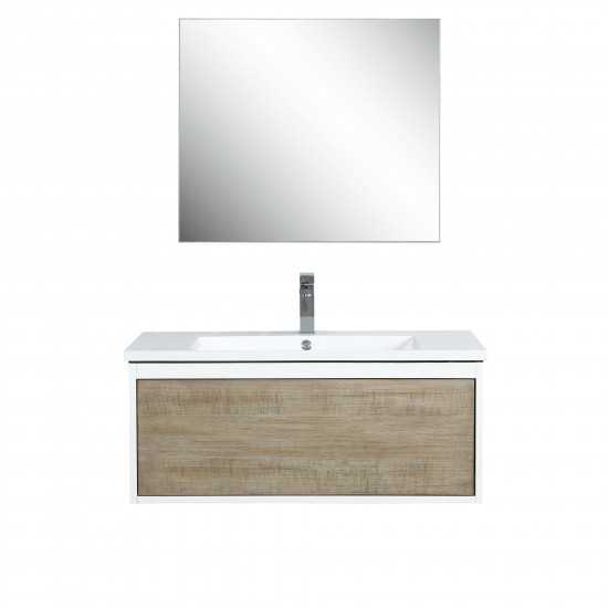 Scopi 36" Rustic Acacia Vanity, Acrylic Composite Top with Integrated Sink, Labaro Rose Gold Faucet Set, and 28" Mirror