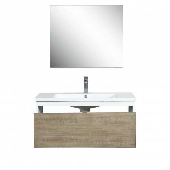 Scopi 36" Rustic Acacia Vanity, Acrylic Composite Top with Integrated Sink, Labaro Rose Gold Faucet Set, and 28" Mirror