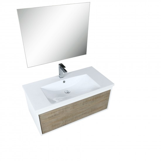 Scopi 36" Rustic Acacia Vanity, Acrylic Composite Top with Integrated Sink, Labaro Rose Gold Faucet Set, and 28" Mirror