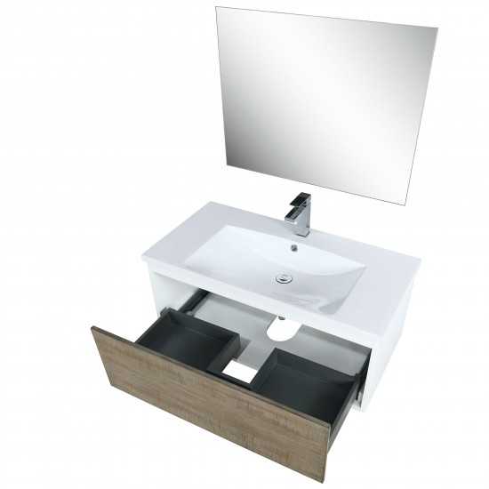 Scopi 36" Rustic Acacia Vanity, Acrylic Composite Top with Integrated Sink, Labaro Rose Gold Faucet Set, and 28" Mirror