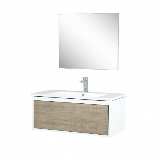 Scopi 36" Rustic Acacia Vanity, Acrylic Composite Top with Integrated Sink, Labaro Rose Gold Faucet Set, and 28" Mirror