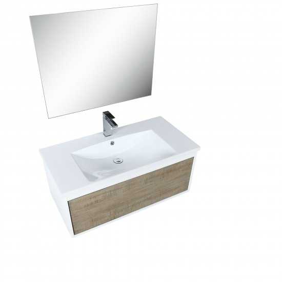 Scopi 36" Rustic Acacia Vanity, Acrylic Composite Top with Integrated Sink, Balzani Gun Metal Faucet Set, and 28" Mirror