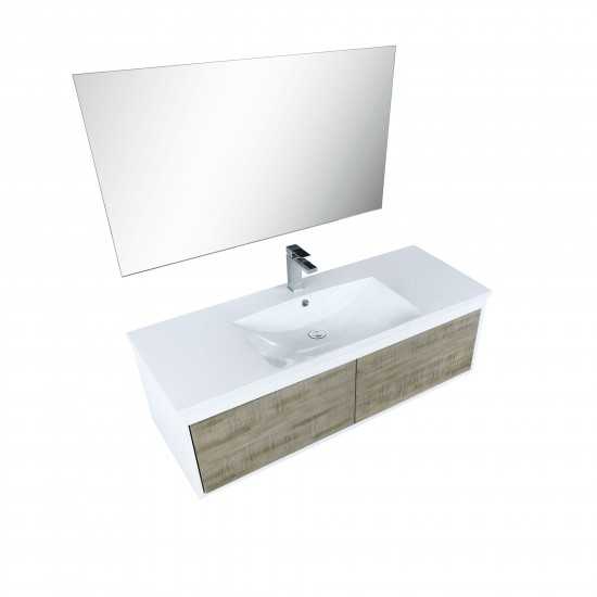 Scopi 48" Rustic Acacia Vanity, Acrylic Composite Top with Integrated Sink, Monte Chrome Faucet Set, and 43" Frameless Mirror