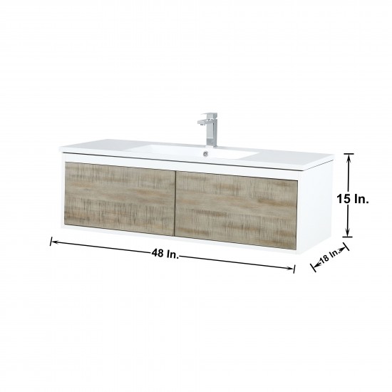 Scopi 48" Rustic Acacia Vanity, Acrylic Composite Top with Integrated Sink, Monte Chrome Faucet Set, and 43" Frameless Mirror