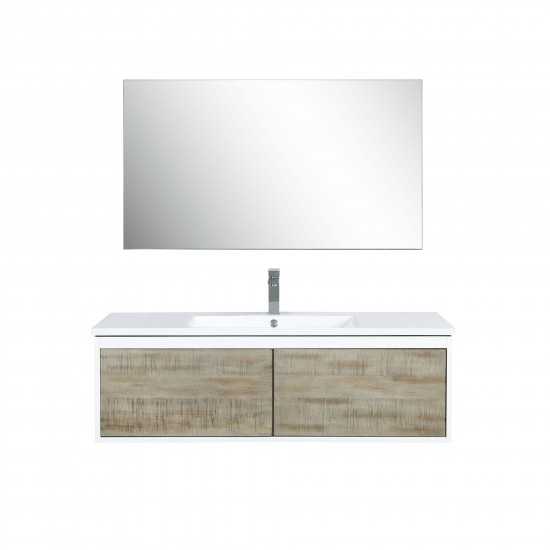 Scopi 48" Rustic Acacia Vanity, Acrylic Composite Top with Integrated Sink, Labaro Brushed Nickel Faucet Set, and 43" Mirror