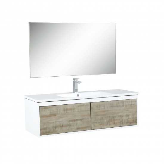 Scopi 48" Rustic Acacia Vanity, Acrylic Composite Top with Integrated Sink, Labaro Rose Gold Faucet Set, and 43" Mirror