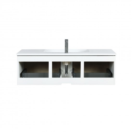 Scopi 48" Rustic Acacia Vanity, Acrylic Composite Top with Integrated Sink, Balzani Gun Metal Faucet Set, and 43" Mirror