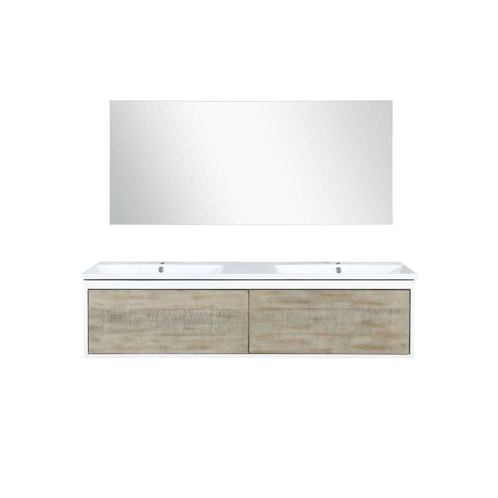 Scopi 60" Rustic Acacia Double Bathroom Vanity, Acrylic Composite Top with Integrated Sinks, and 55" Frameless Mirror