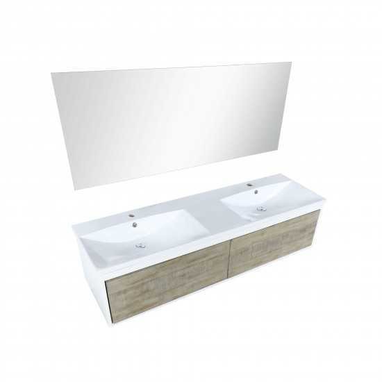 Scopi 60" Rustic Acacia Double Bathroom Vanity, Acrylic Composite Top with Integrated Sinks, and 55" Frameless Mirror