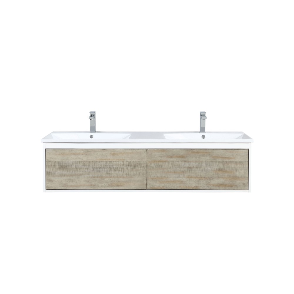 Scopi 60" Rustic Acacia Double Bathroom Vanity, Acrylic Composite Top with Integrated Sinks, and Monte Chrome Faucet Set