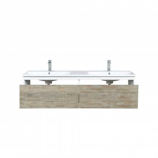 Scopi 60" Rustic Acacia Double Bathroom Vanity, Acrylic Composite Top with Integrated Sinks, and Monte Chrome Faucet Set