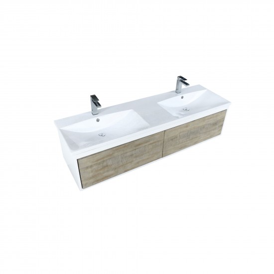 Scopi 60" Rustic Acacia Double Bathroom Vanity, Acrylic Composite Top with Integrated Sinks, and Monte Chrome Faucet Set