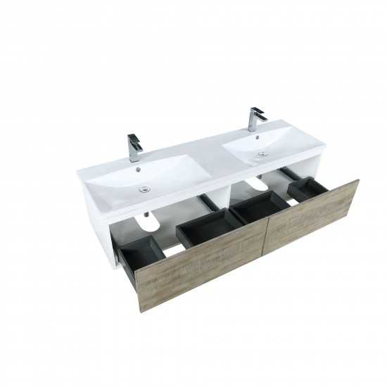 Scopi 60" Rustic Acacia Double Bathroom Vanity, Acrylic Composite Top with Integrated Sinks, and Monte Chrome Faucet Set