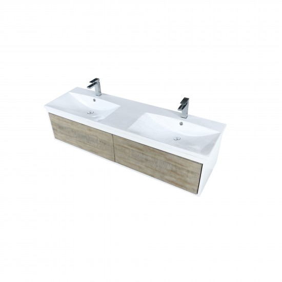 Scopi 60" Rustic Acacia Double Bathroom Vanity, Acrylic Composite Top with Integrated Sinks, and Monte Chrome Faucet Set