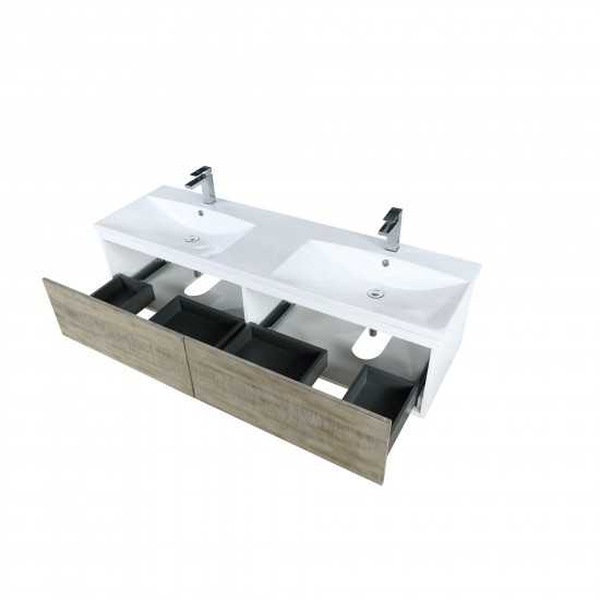 Scopi 60" Rustic Acacia Double Bathroom Vanity, Acrylic Composite Top with Integrated Sinks, and Monte Chrome Faucet Set