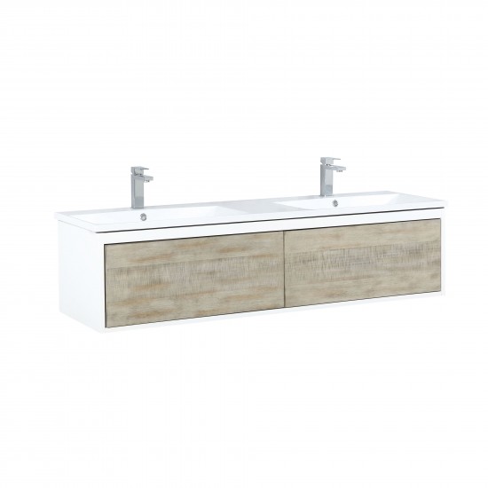 Scopi 60" Rustic Acacia Double Bathroom Vanity, Acrylic Composite Top with Integrated Sinks, and Monte Chrome Faucet Set