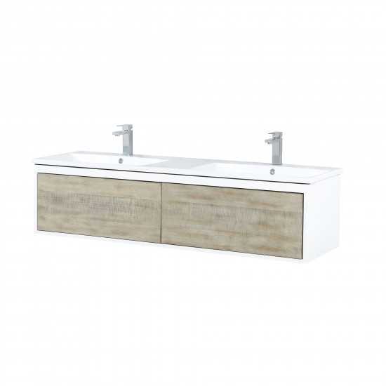 Scopi 60" Rustic Acacia Double Bathroom Vanity, Acrylic Composite Top with Integrated Sinks, and Monte Chrome Faucet Set