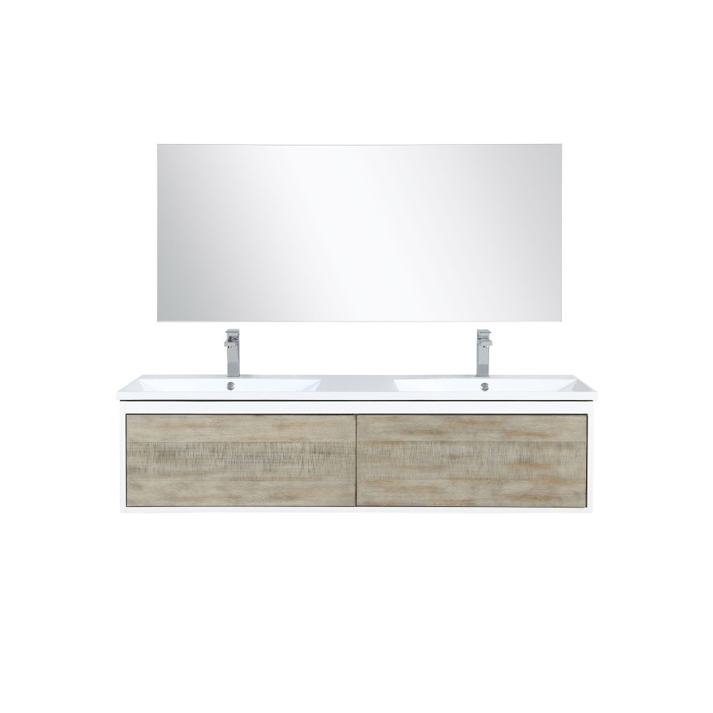 Scopi 60" Rustic Acacia Double Vanity, Acrylic Composite Top with Integrated Sinks, Monte Chrome Faucet Set, and 55" Mirror