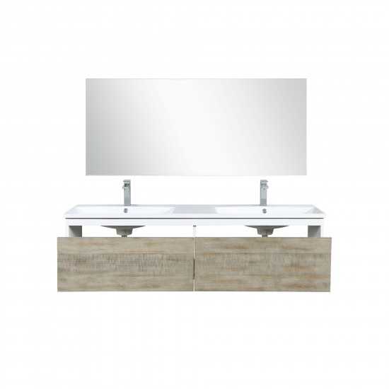 Scopi 60" Rustic Acacia Double Vanity, Acrylic Composite Top with Integrated Sinks, Monte Chrome Faucet Set, and 55" Mirror