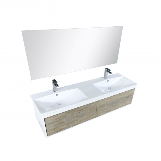 Scopi 60" Rustic Acacia Double Vanity, Acrylic Composite Top with Integrated Sinks, Monte Chrome Faucet Set, and 55" Mirror