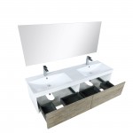 Scopi 60" Rustic Acacia Double Vanity, Acrylic Composite Top with Integrated Sinks, Monte Chrome Faucet Set, and 55" Mirror