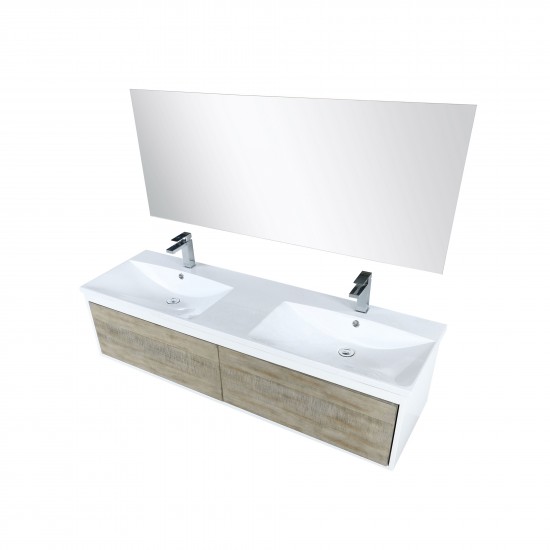 Scopi 60" Rustic Acacia Double Vanity, Acrylic Composite Top with Integrated Sinks, Monte Chrome Faucet Set, and 55" Mirror