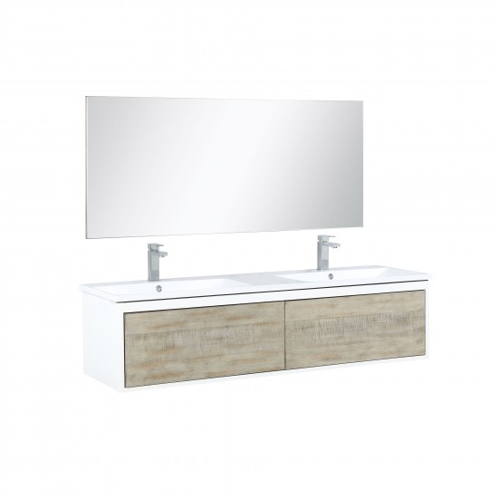 Scopi 60" Rustic Acacia Double Vanity, Acrylic Composite Top with Integrated Sinks, Monte Chrome Faucet Set, and 55" Mirror