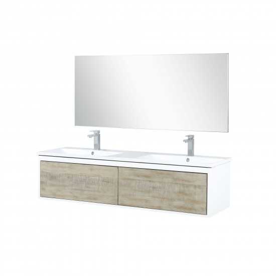 Scopi 60" Rustic Acacia Double Vanity, Acrylic Composite Top with Integrated Sinks, Monte Chrome Faucet Set, and 55" Mirror