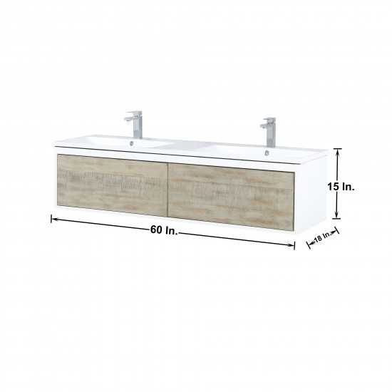 Scopi 60" Rustic Acacia Double Vanity, Acrylic Composite Top with Integrated Sinks, Monte Chrome Faucet Set, and 55" Mirror