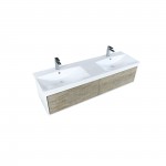 Scopi 60" Rustic Acacia Double Vanity, Acrylic Composite Top with Integrated Sinks, and Labaro Brushed Nickel Faucet Set