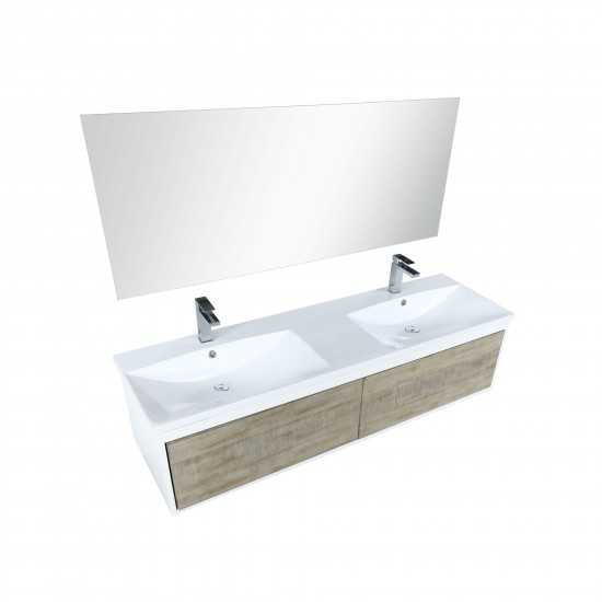 Scopi 60 Rustic Acacia Double Vanity, Acrylic Composite Top with Integrated Sinks, Labaro Brushed Nickel Faucet Set, 55 Mirro