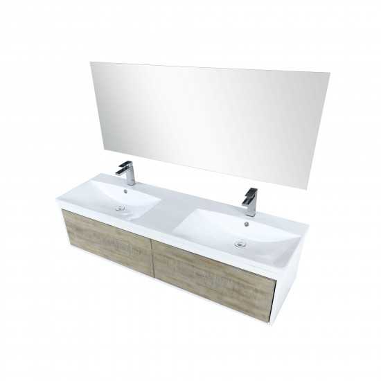 Scopi 60 Rustic Acacia Double Vanity, Acrylic Composite Top with Integrated Sinks, Labaro Brushed Nickel Faucet Set, 55 Mirro