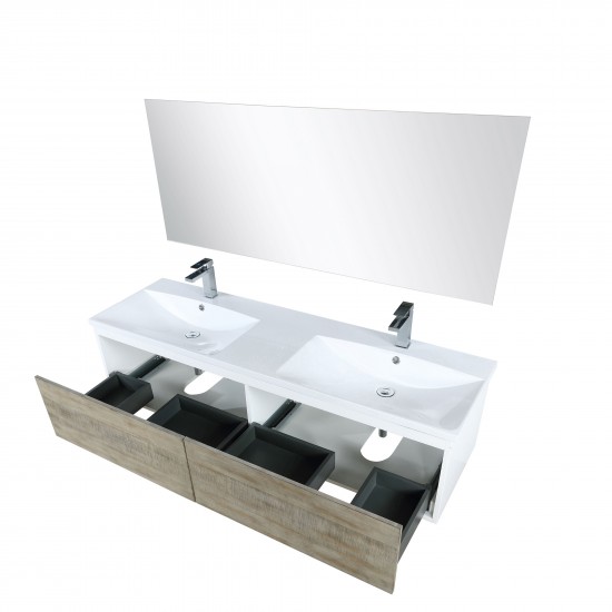 Scopi 60 Rustic Acacia Double Vanity, Acrylic Composite Top with Integrated Sinks, Labaro Brushed Nickel Faucet Set, 55 Mirro