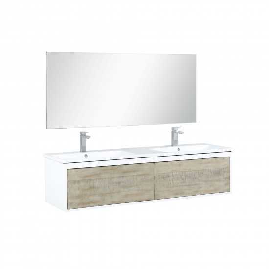 Scopi 60 Rustic Acacia Double Vanity, Acrylic Composite Top with Integrated Sinks, Labaro Brushed Nickel Faucet Set, 55 Mirro