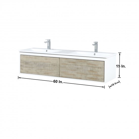 Scopi 60 Rustic Acacia Double Vanity, Acrylic Composite Top with Integrated Sinks, Labaro Brushed Nickel Faucet Set, 55 Mirro