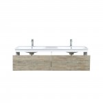 Scopi 60" Rustic Acacia Double Bathroom Vanity, Acrylic Composite Top with Integrated Sinks, and Labaro Rose Gold Faucet Set