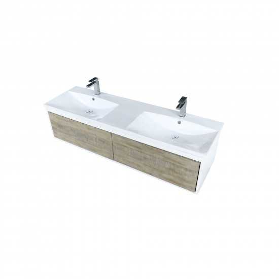 Scopi 60" Rustic Acacia Double Bathroom Vanity, Acrylic Composite Top with Integrated Sinks, and Labaro Rose Gold Faucet Set