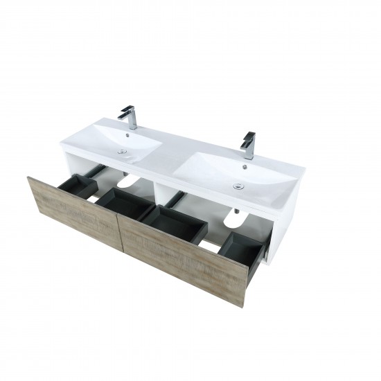 Scopi 60" Rustic Acacia Double Bathroom Vanity, Acrylic Composite Top with Integrated Sinks, and Labaro Rose Gold Faucet Set