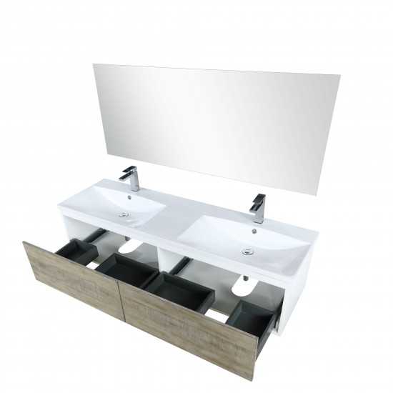 Scopi 60" Rustic Acacia Double Vanity, Acrylic Composite Top with Integrated Sinks, Labaro Rose Gold Faucet Set, and 55" Mirr