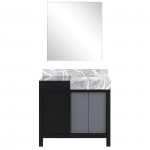 Zilara 36" Black and Grey Vanity, Castle Grey Marble Top, White Square Sink, and 30" Frameless Mirror