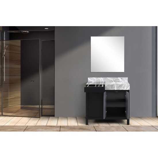 Zilara 36" Black and Grey Vanity, Castle Grey Marble Top, White Square Sink, and 30" Frameless Mirror