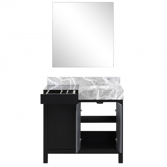 Zilara 36" Black and Grey Vanity, Castle Grey Marble Top, White Square Sink, and 30" Frameless Mirror