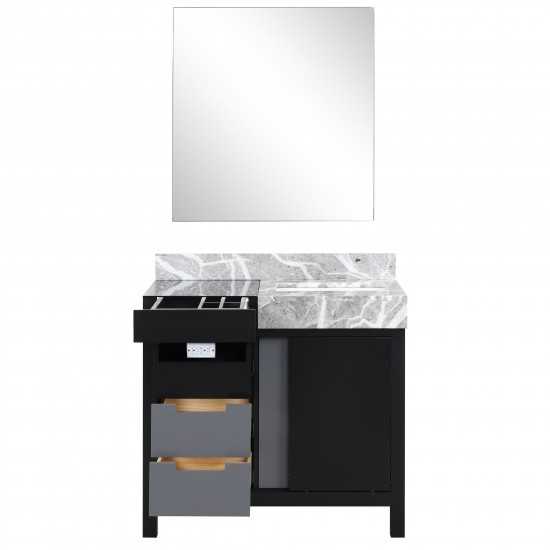 Zilara 36" Black and Grey Vanity, Castle Grey Marble Top, White Square Sink, and 30" Frameless Mirror