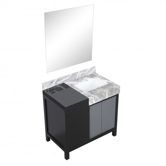 Zilara 36" Black and Grey Vanity, Castle Grey Marble Top, White Square Sink, and 30" Frameless Mirror