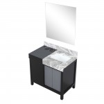 Zilara 36" Black and Grey Vanity, Castle Grey Marble Top, White Square Sink, and 30" Frameless Mirror