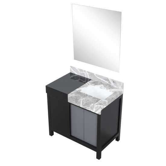 Zilara 36" Black and Grey Vanity, Castle Grey Marble Top, White Square Sink, and 30" Frameless Mirror