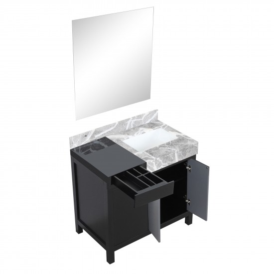 Zilara 36" Black and Grey Vanity, Castle Grey Marble Top, White Square Sink, and 30" Frameless Mirror