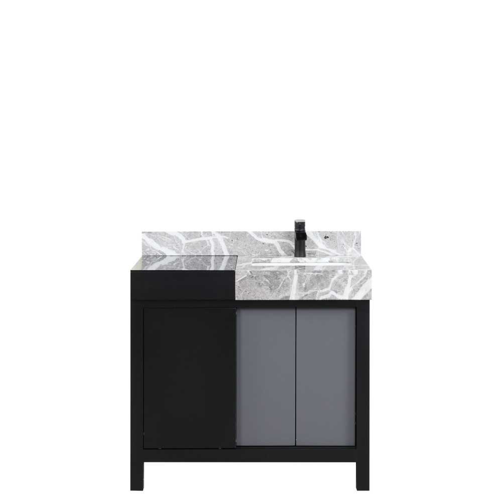 Zilara 36" Black and Grey Vanity, Castle Grey Marble Top, White Square, and Cascata Nera Matte Black Faucet Set