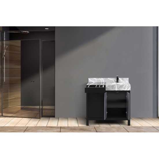 Zilara 36" Black and Grey Vanity, Castle Grey Marble Top, White Square, and Cascata Nera Matte Black Faucet Set