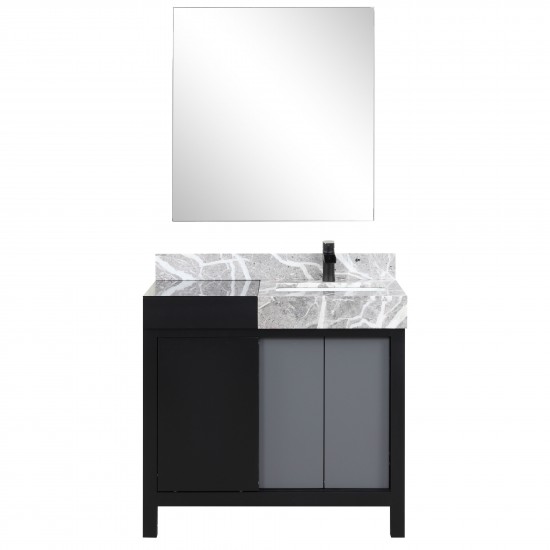 Zilara 36" Black and Grey Vanity, Castle Grey Marble Top, Square Sink, Cascata Nera Matte Black Faucet Set, and 30" Mirror